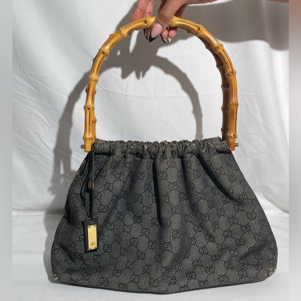 Gucci Bamboo GG Logo Navy Blue Canvas Hand Bag